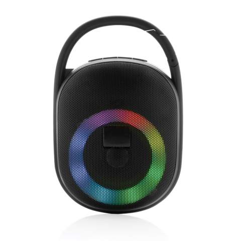 Portable but powerful 5W speaker with integrated RGB light ring. Made with casing made from 100% RCS standard recycled ABS plastic.  Total recycled content: 36% based on total item weight. With 1200 mAh lithium battery for a play time of up to 6 hours. Re-charging is done in 4 hours.  With integrated MIC to answer calls. With integrated TF slot and USB port. Comes with BT 5.0 for smooth operation up to 10 metres. With clip to attach the speaker to your backpack or any other object. Including PVC free recycled TPE material charging cable. ; Item and accessories 100% PVC free. Packed in FSC mix packaging.<br /><br />HasBluetooth: True<br />NumberOfSpeakers: 1<br />SpeakerOutputW: 5.00<br />PVC free: true