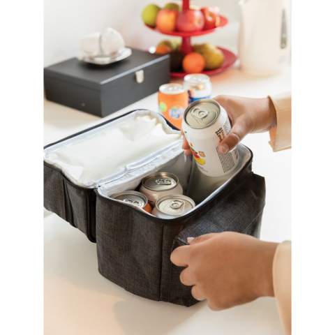 600D polyester cooler with handles and separate compartments. The roomy upper compartment is great for foods like fruit, snacks or cookies. The square bottom compartment is perfect to carry up to 6 cans of drinks. Front zippered pocket is perfect for small accessories such as keys.