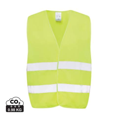 Unisex Class 2 high-visibility warning vest that is designed for individuals with heights ranging from 164 to 198 cm. This vest offer ample space for large decorations on both the front and back, making them ideal for professional use where visibility is paramount. It features a fluorescent background coupled with reflective tape, ensuring compliance with the EN ISO 20471:2013+A1:2016 standard. Furthermore, the garments are marked with the CE symbol to affirm their adherence to EU Regulation 2016/425/EU, categorizing it as Personal Protective Equipment Category II. Made with GRS certified recycled PET. Total recycled content: 67% based on total item weight. GRS certification ensures a completely certified supply chain of the recycled materials.