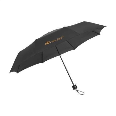 Kompakter, faltbarer Regenschirm mit 190T-Polyesterbezug. Metallrahmen und -griff, Kunststoff-Hängegriff mit Schlaufe, Klettverschluss und Aufbewahrungshülle. Manuelle Bedienung.
