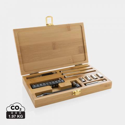 Tool set with 21 pcs in luxury FSC® 100% bamboo case. The set contains 3 screwdrivers, 10 bits in holder, 4 sockets, 1pc handle, 1pc connector, 1pc small cutter. Packed in FSC® mix kraft packaging