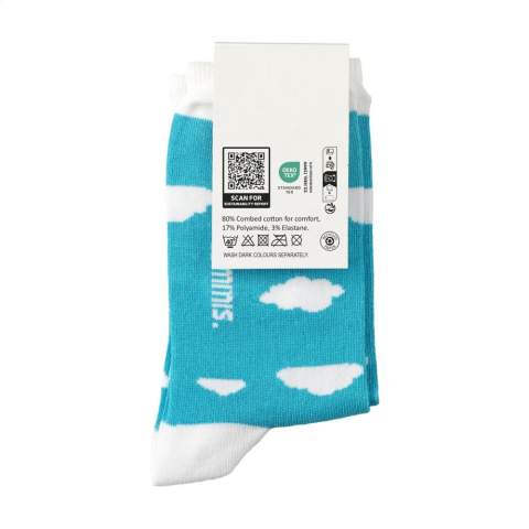 Comfortable socks from the Kingly brand. These high-quality socks are made from ethical materials and consist of a blend of 80% combed cotton, 17% polyamide and 3% elastane. With a snug, comfortable fit and reinforced heel and toe areas for a longer life.    The socks can be personalised with a knitted, customised design in up to 6 colours. Choose from 160 yarn colours. Each pair is packed with a recycled label that can be printed with your own full-colour design - creating socks that perfectly match your brand identity.    Available sizes: M 36-39 and L 40-46. Minimum order quantity: 50 pairs per size and per design.    OEKO-TEX-certified. Made in Europe.
