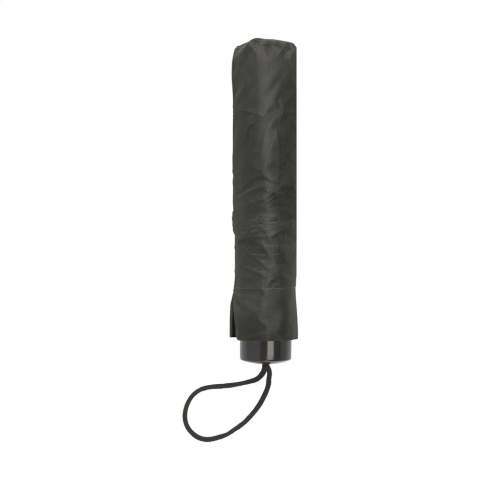 Compact, collapsible umbrella with 190T polyester canopy. Metal frame and shaft, plastic grip with loop, velcro fastening and storage bag. Manual operation.