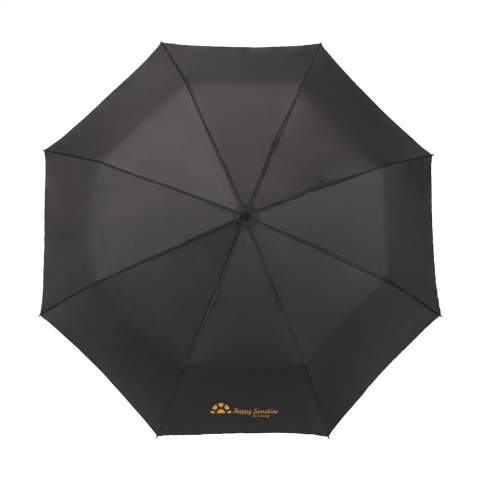 Compact, collapsible umbrella with 190T polyester canopy. Metal frame and shaft, plastic grip with loop, velcro fastening and storage bag. Manual operation.
