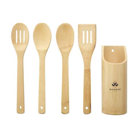 WoW! A 4-piece set of kitchen utensils in holder. The utensils are made of durable bamboo. The holder is made by hand from a bamboo stem and that makes each one unique. Bamboo has natural antibacterial properties and is very hygienic. In addition, wooden kitchen utensils do not damage your pots and pans.   Bamboo is kind to the environment. It grows fast and with minimal resources. After 5 years the plant is mature and can be harvested. After the bamboo plant is harvested, between 4 and 7 new plants grow from the roots. So there is no need for replanting! Also, no herbicides or pesticides need to be used.