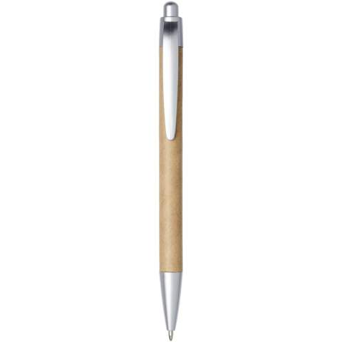 Stylo bille écologique rétractable avec corps en papier recyclé et finitions en ABS argenté vaporisé. La couleur du papier recyclé peut varier.