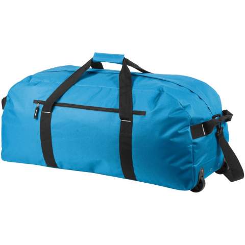 Grand sac de voyage avec compartiment principal zippé, poche avant zippée et roulettes.