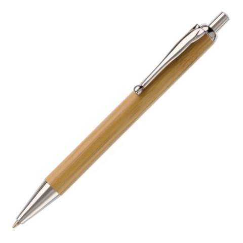 Stylo bille en bambou avec clip et pointe métal. Le stylo est livré avec une cartouche d'encre noire.