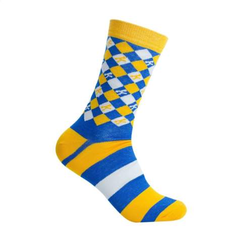 Comfortable socks from the Kingly brand. These high-quality socks are made from ethical materials and consist of a blend of 80% combed cotton, 17% polyamide and 3% elastane. With a snug, comfortable fit and reinforced heel and toe areas for a longer life.    The socks can be personalised with a knitted, customised design in up to 6 colours. Choose from 160 yarn colours. Each pair is packed with a recycled label that can be printed with your own full-colour design - creating socks that perfectly match your brand identity.    Available sizes: M 36-39 and L 40-46. Minimum order quantity: 50 pairs per size and per design.    OEKO-TEX-certified. Made in Europe.