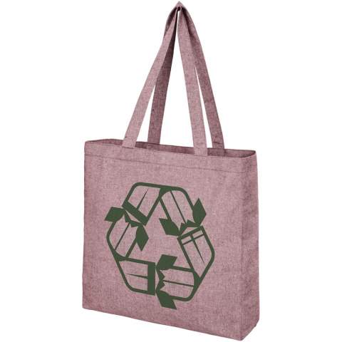 Tote made of 210 g/m² recycled cotton polyester blend. Recycled cotton is manufactured from pre-consumer waste generated by textile factories during the cutting process. Tote with gusset and large main compartment. Features two handles with a dropdown height of 31 cm. Resistance up to 10 kg weight. There may be minor variations in the colour of the actual product due to the nature of the production process. 