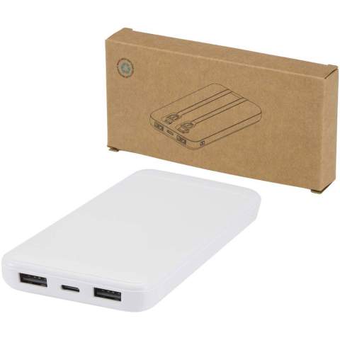 The Adhil 10.000 mAh Power Bank made from recycled plastic combines style and convenience in a compact design. It features two built-in cables, a Type-C and a Lightning/microUSB combo, alongside two USB-A outputs and a Type-C in/out port for versatile charging. An LED indicator shows the charging status, making it a reliable on-the-go power solution.