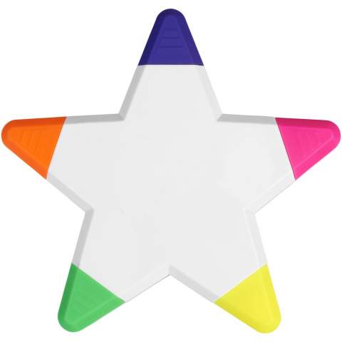 Vijf felgekleurde markeerstiften in een stervorm.