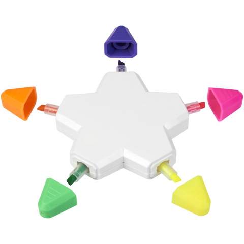 Five brightly coloured highlighters in a star shape.