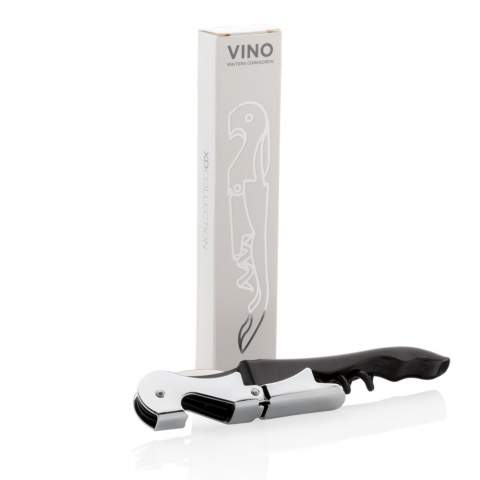 This waiters corkscrew is a classic corkscrew design that has a foil cutter blade, a two stage cork lifter and bottle opener. Packed in gift box.