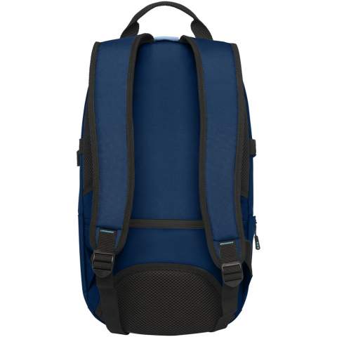 Sustainable GRS certified RPET laptop backpack made with 50% recycled materials. Features a large zippered main compartment with a padded 15" laptop sleeve with velcro closure, a hanging hook, and a front vertical zippered compartment. Comes with additional straps with buckle closure for safety, comfortable padded shoulder straps, grab handle, mesh back with a zippered pocket and expandable mesh side pocket.