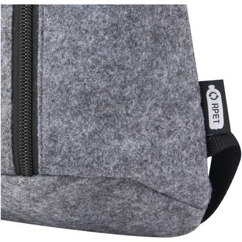 Practical cooler backpack made of high quality soft and durable GRS certified recycled felt. Features a main zippered compartment lined with food safe, high density thermal PEVA insulation keeping beverages and refreshments cold for hours. Front zippered pocket. Adjustable shoulder straps and a cotton, woven carry handle. Easy to clean. Capacity: 7 litres.
