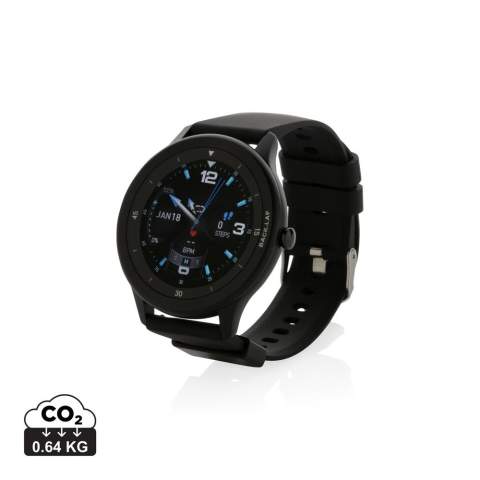 Moderner Activity-Tracker mit schnell reagierendem 1,28" Full-Touchscreen und hochauflösendem Display. Hergestellt aus RCS (Recycled Claim Standard)-zertifiziert Armband aus recyceltem TPU und einem Gehäuse aus einer Zinklegierung. Gesamter Recyclinganteil: 23% basierend auf dem Gesamtgewicht des Artikels. Die RCS-Zertifizierung gewährleistet eine vollständig zertifizierte Lieferkette der recycelten Materialien. Zu den Funktionen gehören: Schrittzahl, Kalorien, Distanz, Multi-Sport (24 Typen) Tracking, Wecker, Herzfrequenz-Tracking, Blutdrucküberwachung, Schlafmonitor, Kalender.  Benachrichtigungen: SMS, Facebook, Skype, WhatsApp, Twitter usw. Kompatibel mit Android 4.4 und IOS 8.0 und höher. IPX 68 wasser- und staubdicht. Mit BT5.0. Standby-Zeit von bis 25 Tagen und Working-Time bis zu 7 Tagen. Inklusive Clip-Ladegerät zum Aufladen der Uhr. Verpackt in FSC®-Mix-Kraftverpackung. Artikel und Zubehör 100% PVC-frei.<br /><br />HasBluetooth: True<br />PVC free: true