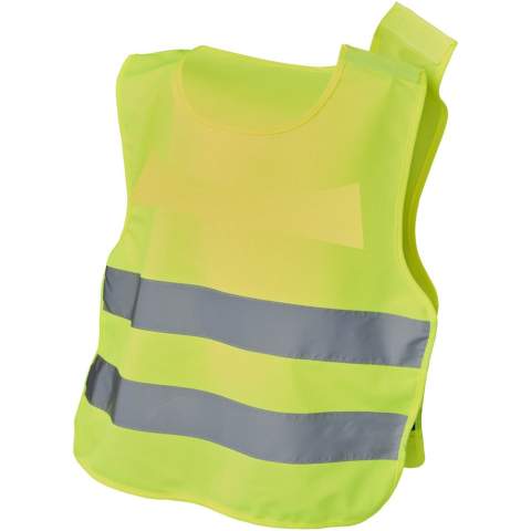 Vest met hoge zichtbaarheid in XS-formaat, geschikt voor kinderen van 7-12 jaar met een lengte van de 104-121 cm. Groot decoratievlak aan de voor- en achterzijde van het vest. Op de schouder en de onderste elastische banden zitten klittenbandsluitingen die extra veiligheid bieden en ervoor zorgen dat het vest gemakkelijk is aan te trekken. De elastische banden aan de andere kant maken het rekbaar, waardoor het gemakkelijk over dikke jassen te dragen is. Het vest is getest en gecertificeerd volgens de norm EN 1150:1999. Het voldoet ook aan de PBM-richtlijnen voor toepassing beschreven in de verordening (EU) 2016/425 Persoonlijke Beschermingsmiddelen Categorie II.