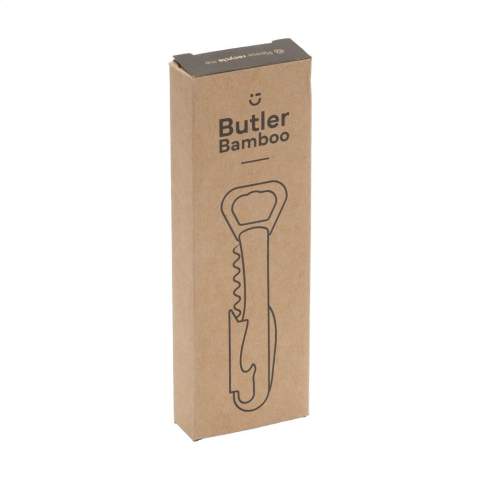 Tire-bouchon pliable en métal avec un manche en bambou et 4 fonctions : 1 tire-bouchon, 2 ouvre-bouteille et 1 couteau. Chaque article est fourni dans une boite individuelle en papier kraft marron.