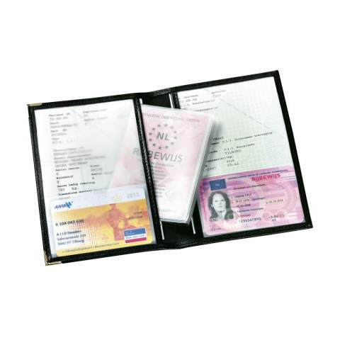 Driving licence and document wallet made of imitation leather, with metal protective corners.