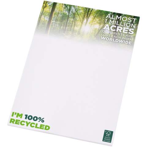 Weißer Desk-Mate® A4 Notizblock mit 80g/m2 recyceltem Papier. Ein vollfarbiger Druck auf jedem Blatt möglich. Erhältlich in 3 Größen: 25, 50, 100 Blatt.
