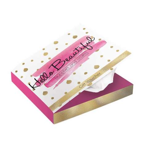 Book style tissue box with flap, filled with 30 3-ply tissues.