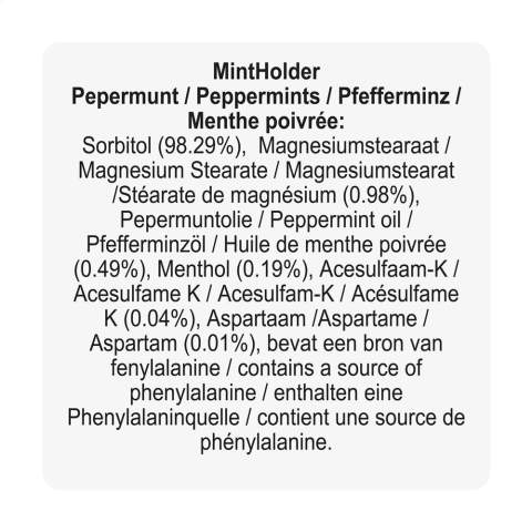 Boîte distributrice avec environ 8 g (50 pcs) de bonbons à la menthe sans sucre.