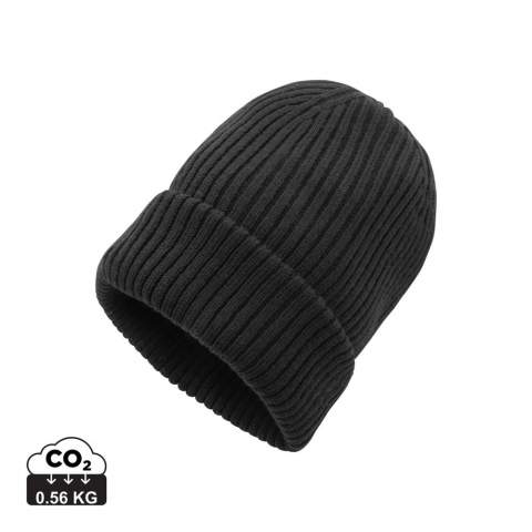 A beautiful double layer knitted beanie suited for anyone. A classic fold over beanie for an effortless look that will keep you warm during the cold days. The beanie contains Polylana®. Polylana® is a low-impact alternative to 100% acrylic fibre using less energy and water. Incorporating the AWARE™ tracer that validates the genuine use of recycled materials. 2% of proceeds of each Impact product sold will be donated to Water.org. One size fits all.Composition: 30% recycled polyester, 30% polyester, 40% acrylic.
