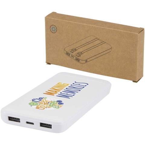 The Adhil 10.000 mAh Power Bank made from recycled plastic combines style and convenience in a compact design. It features two built-in cables, a Type-C and a Lightning/microUSB combo, alongside two USB-A outputs and a Type-C in/out port for versatile charging. An LED indicator shows the charging status, making it a reliable on-the-go power solution.