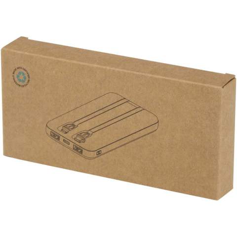 The Adhil 10.000 mAh Power Bank made from recycled plastic combines style and convenience in a compact design. It features two built-in cables, a Type-C and a Lightning/microUSB combo, alongside two USB-A outputs and a Type-C in/out port for versatile charging. An LED indicator shows the charging status, making it a reliable on-the-go power solution.