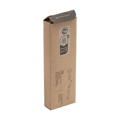 Tire-bouchon pliable en métal avec un manche en bambou et 4 fonctions : 1 tire-bouchon, 2 ouvre-bouteille et 1 couteau. Chaque article est fourni dans une boite individuelle en papier kraft marron.