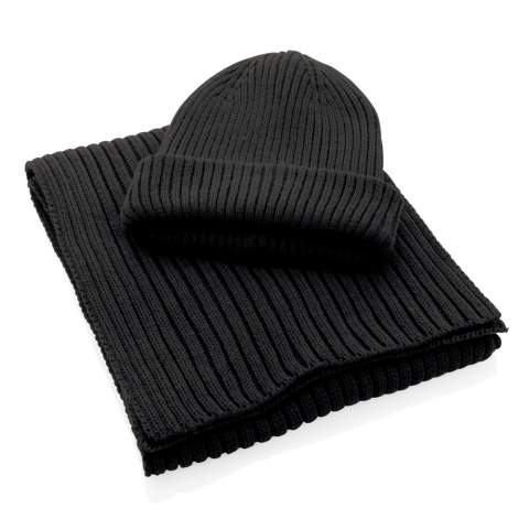 A beautiful double layer knitted beanie suited for anyone. A classic fold over beanie for an effortless look that will keep you warm during the cold days. The beanie contains Polylana®. Polylana® is a low-impact alternative to 100% acrylic fibre using less energy and water. Incorporating the AWARE™ tracer that validates the genuine use of recycled materials. 2% of proceeds of each Impact product sold will be donated to Water.org. One size fits all.Composition: 30% recycled polyester, 30% polyester, 40% acrylic.