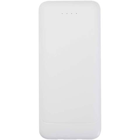 The Adhil 10.000 mAh Power Bank made from recycled plastic combines style and convenience in a compact design. It features two built-in cables, a Type-C and a Lightning/microUSB combo, alongside two USB-A outputs and a Type-C in/out port for versatile charging. An LED indicator shows the charging status, making it a reliable on-the-go power solution.