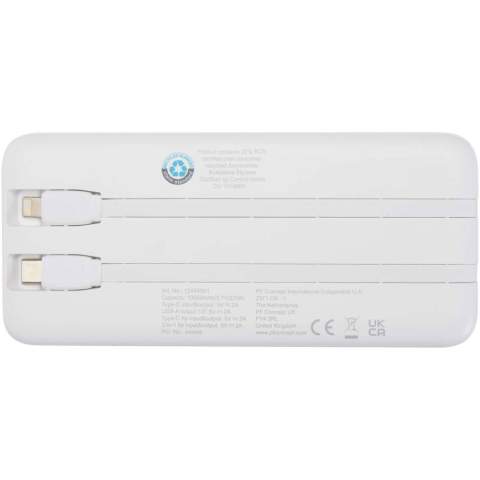 The Adhil 10.000 mAh Power Bank made from recycled plastic combines style and convenience in a compact design. It features two built-in cables, a Type-C and a Lightning/microUSB combo, alongside two USB-A outputs and a Type-C in/out port for versatile charging. An LED indicator shows the charging status, making it a reliable on-the-go power solution.