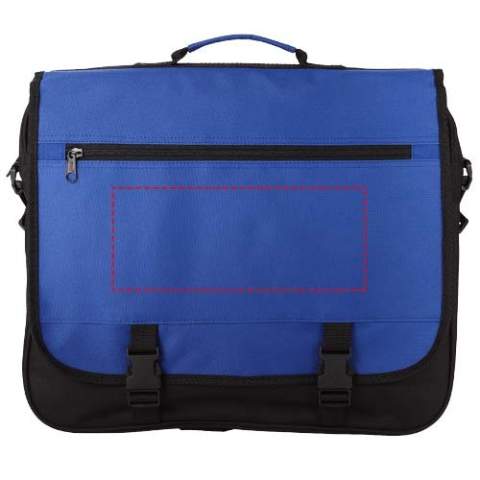 Exhibition bag with adjustable shoulder strap, buckle closure flap, zipper pocket in flap, zippered main compartment and several open pockets under flap.