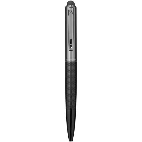 Exclusive design stylus ballpoint pen with stylish patterned lower barrel. Incl. premium quality black ink refill and packed in a Marksman gift box..