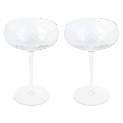 These luxurious Opacity Champagne coupes are made of clear glass with a beautiful spun glass pattern. The coupes are also perfect to use for desserts or liqueur. Using the coupes, guarantees a more festive feeling. A design reflects the contrast between luxury and quirkiness. Design by Studio Byon. Supplied as a set in Giftbox.
