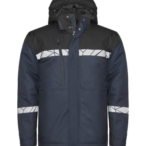 • Gewatteerde softshell-jas van wind- en waterafstotend materiaal, rits aan de voorkant is bedekt met een flap om tocht en waterlekkage te voorkomen <br />• Borstzak aan de rechterkant met interne houder voor een ID-kaart, ook zijzakken aan beide zijden met ritssluiting, gevoerd met fleece <br />• Binnenzakken aan beide zijden met klittenbandsluiting <br />• Verlengd achterpand <br />• Afneembare capuchon, verstelbaar met trekkoord <br />• Verstelbare manchetten met klittenband, ook een extra binnenmanchet tegen de kou <br />• Verstelbare taille met trekkoord <br />• Waschipzakje in de linker binnennaad<br /><br />Getest voor industrieel wassen volgens ISO 15797<br />Verhoogde zichtbaarheid volgens EN 17353<br />Oeko-Tex 100 gecertificeerd<br />Geleverd in een biobased, composteerbare polybag