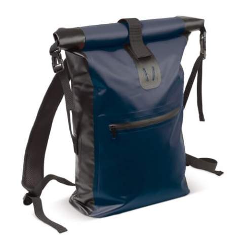 Adjustable, weather resistant backpack made of sturdy material. The roll top can be closed in two ways giving additional flexibility. The welded seams keep the contents dry and the shoulder straps are padded for comfort.