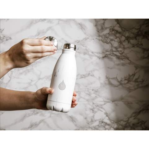 Double-walled, vaccum-insulated, stainless steel water bottle/thermo bottle. With leak-proof screw cap. This elegant model has a striking, attractive top layer. Suitable for maintaining the temperature of cold or hot drinks. Capacity 350 ml. Each item is individually boxed.