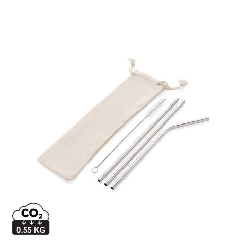 Set de 2 pailles droites et une paille courbée en acier inoxydable 304 durable. Emportez l'ensemble n'importe où dans la pochette pratique en coton. Une brosse est incluse pour faciliter le nettoyage. Supprimez progressivement l'utilisation des pailles en plastique et adoptez une paille métallique durable que vous pouvez emporter partout avec vous et réutiliser à chaque fois. Sans BPA. Passe au lave-vaisselle.