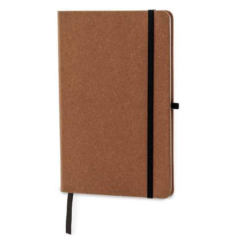 Stylish hardcover notebook with a natural look. The cover is made of recycled leather and is durable against wear and tear. The notebook contains 160 cream coloured pages and a ribbon. It can be closed by a elastic strap and has a loop for a pen.