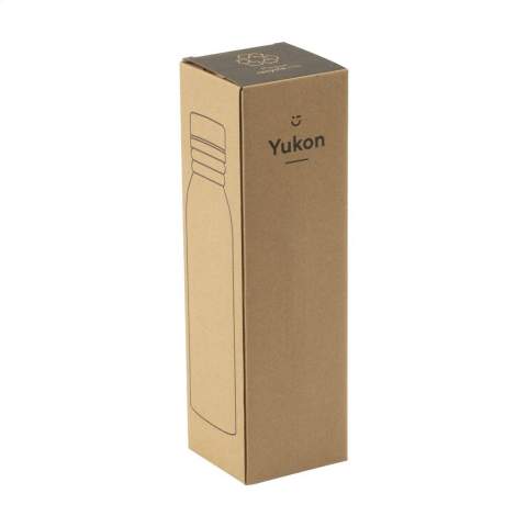 Dubbelwandige, vacuüm geïsoleerde, lekvrije RVS waterfles/thermosfles. De schroefdop is bevestigd aan een draaibare siliconen draaglus en blijft hangen als de fles geopend is. Zo heb je altijd een hand vrij. Geschikt voor het op temperatuur houden van koude of warme dranken. Niet vaatwasserbestendig. Inhoud 600 ml. Per stuk in kraft doos.