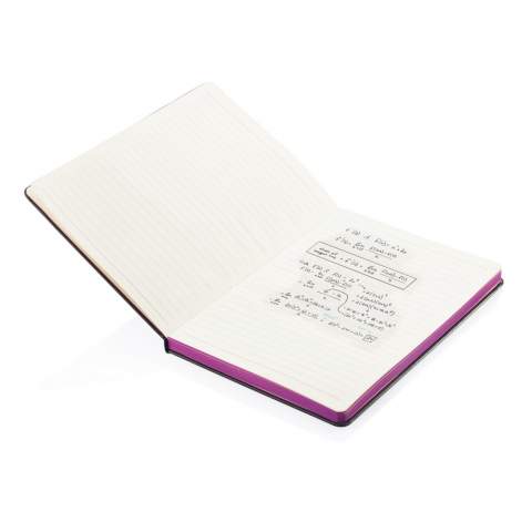 Carnet de notes à couverture rigide très tendance avec 80 feuilles/160 pages de 80g/m² (papier crème) et lignes noires. Le bord des pages est dans une couleur assortie à la bande élastique.