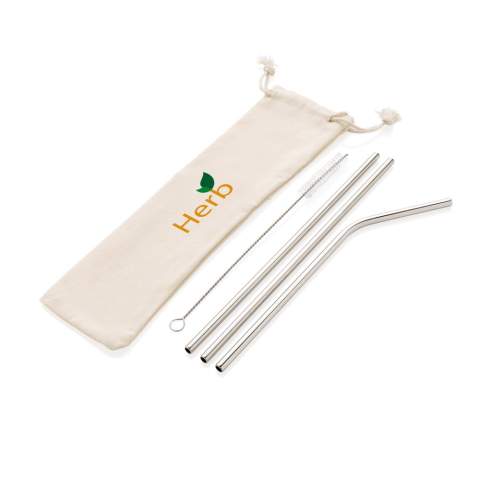 Set de 2 pailles droites et une paille courbée en acier inoxydable 304 durable. Emportez l'ensemble n'importe où dans la pochette pratique en coton. Une brosse est incluse pour faciliter le nettoyage. Supprimez progressivement l'utilisation des pailles en plastique et adoptez une paille métallique durable que vous pouvez emporter partout avec vous et réutiliser à chaque fois. Sans BPA. Passe au lave-vaisselle.