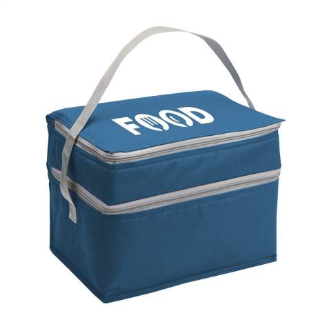 600D polyester bag with large cooler compartment, extra cooler section with mesh pocket and strap.