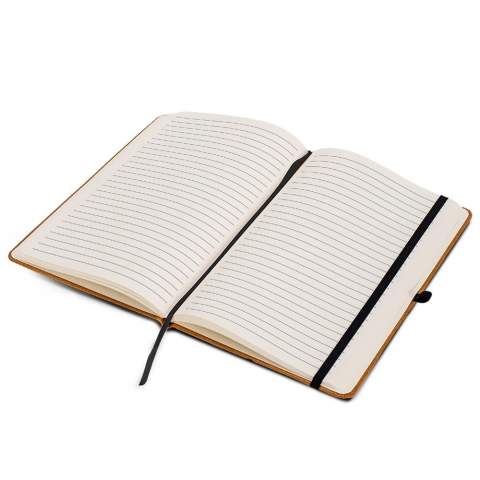Stylish hardcover notebook with a natural look. The cover is made of recycled leather and is durable against wear and tear. The notebook contains 160 cream coloured pages and a ribbon. It can be closed by a elastic strap and has a loop for a pen.