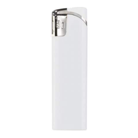 An electronic refillable lighter with silver cap. Child-resistant.