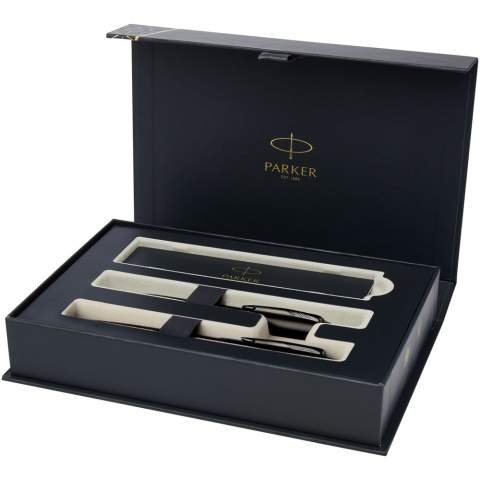 Duo pen giftset consisting of the IM achromatic ballpoint pen with blue ink and the IM achromatic rollerball pen with black ink. With a contemporary and stylish design, Parker IM elevates one's style and everyday writing experience above the crowd. Providing good value performance, this everyday premium pen set is a first step into the fine writing category. Exclusive design. Packed in a gift box.