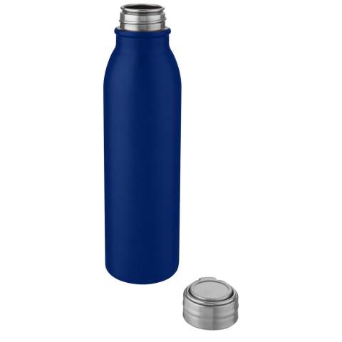 Enkelwandige 18/8 roestvrijstalen drinkfles met een morsbestendig schroefdeksel en een duurzame handlus van zinklegering. BPA-vrij, getest en goedgekeurd volgens de Duitse voedselveiligheidswetgeving (LFGB). Getest en goedgekeurd voor ftalaten volgens de REACH-regelgeving. Past in de meeste standaard autobekerhouders. Inhoud 700 ml Handwas aanbevolen. Geleverd in een gerecycled kartonnen geschenkverpakking. 